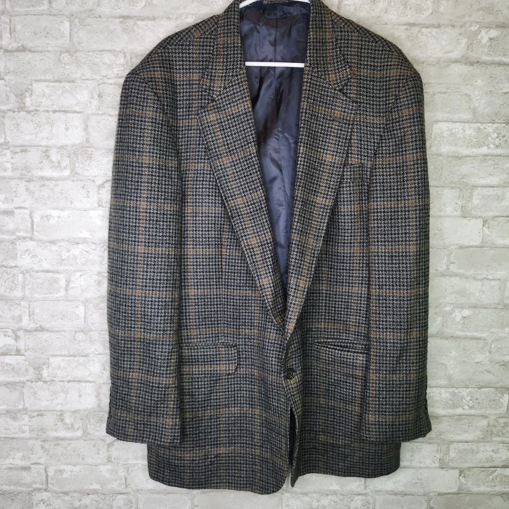 Vintage‎ Lands' End Wool Tweed Sport Coat Blazer Houndstooth Windowpane 48R USA